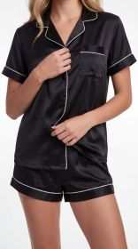 2951 Satin PJ Set W/ Piping (Color: black, size: 2X)