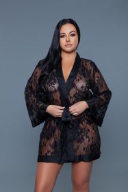 2275 Delia Robe Floral Lace Robe with Satin Trimming (Color: black, size: 3X)